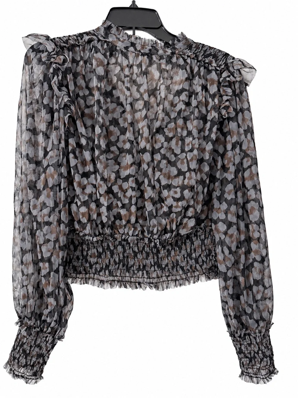 free people sheer ruffle floral mesh smocked waist blouse black gray boho M